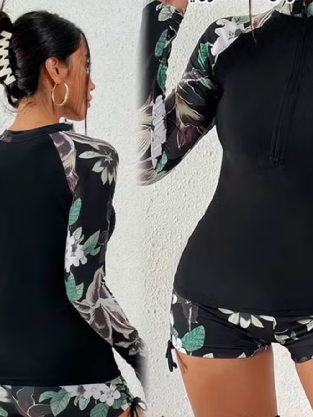 Long Sleeve Black Floral Rash Guard Swim Top and bottom - Women - Picture 4 of 8